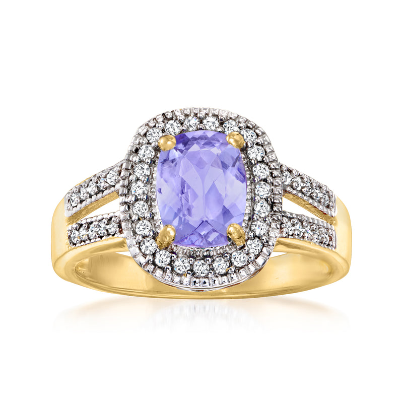 Tanzanite and diamond halo ring in gold over sterling