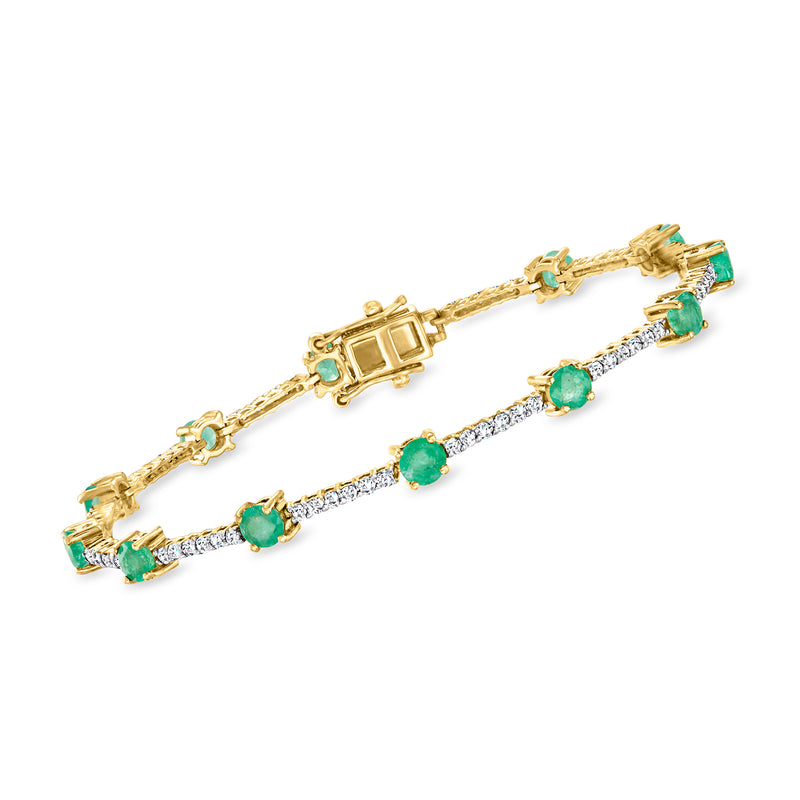 14kt yellow gold bracelet with emerald green stones and diamond accents