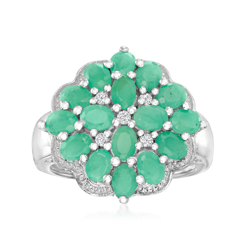Sterling silver emerald cluster ring with green stones and diamond accents