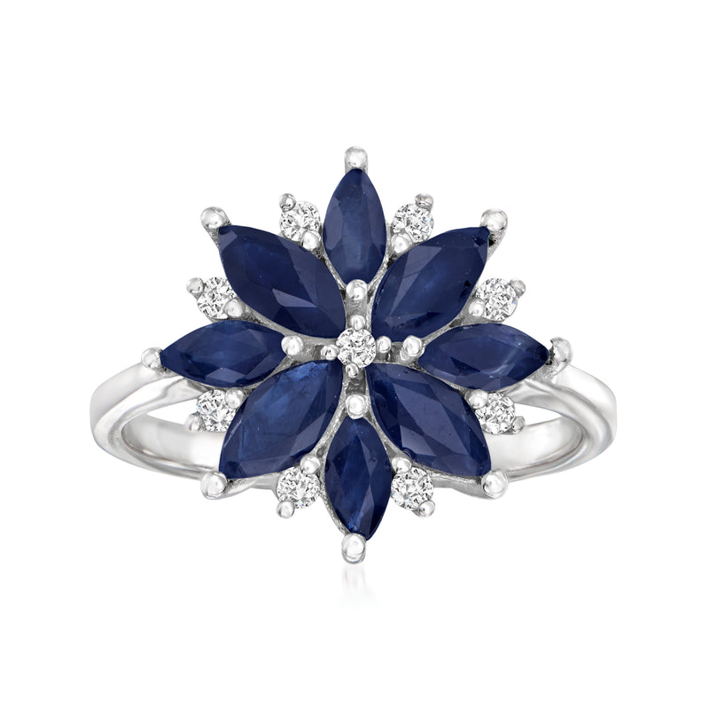 Sterling silver sapphire flower ring with blue marquise stones and diamond accents