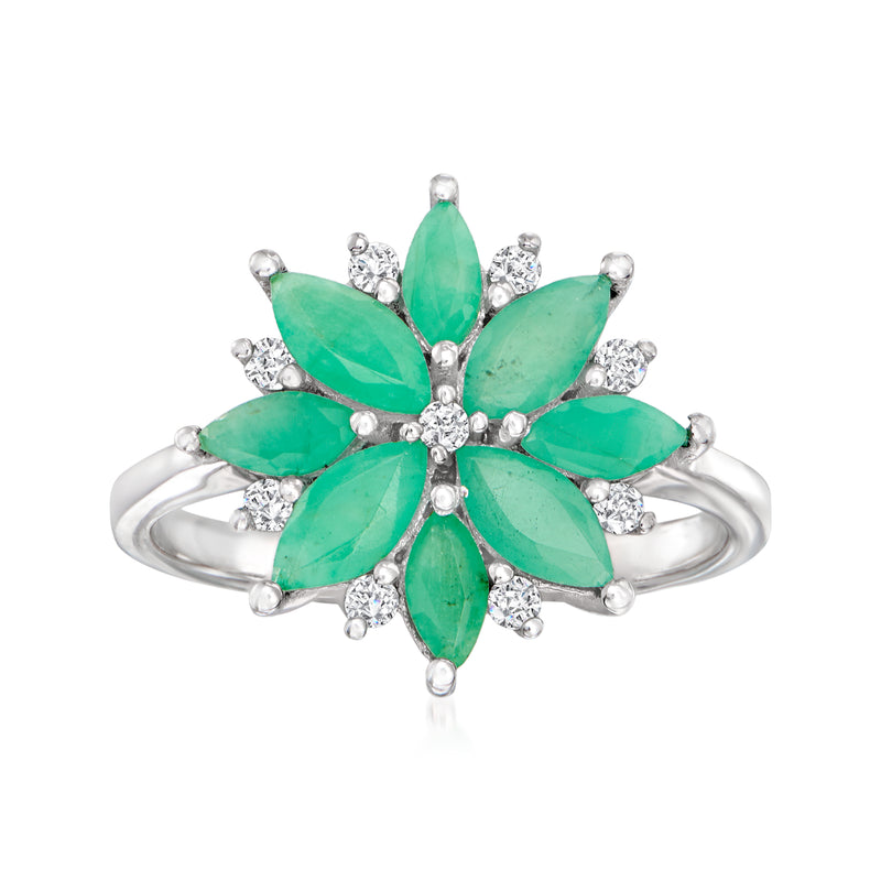 Sterling silver emerald green flower ring with marquise stones and small diamond accents