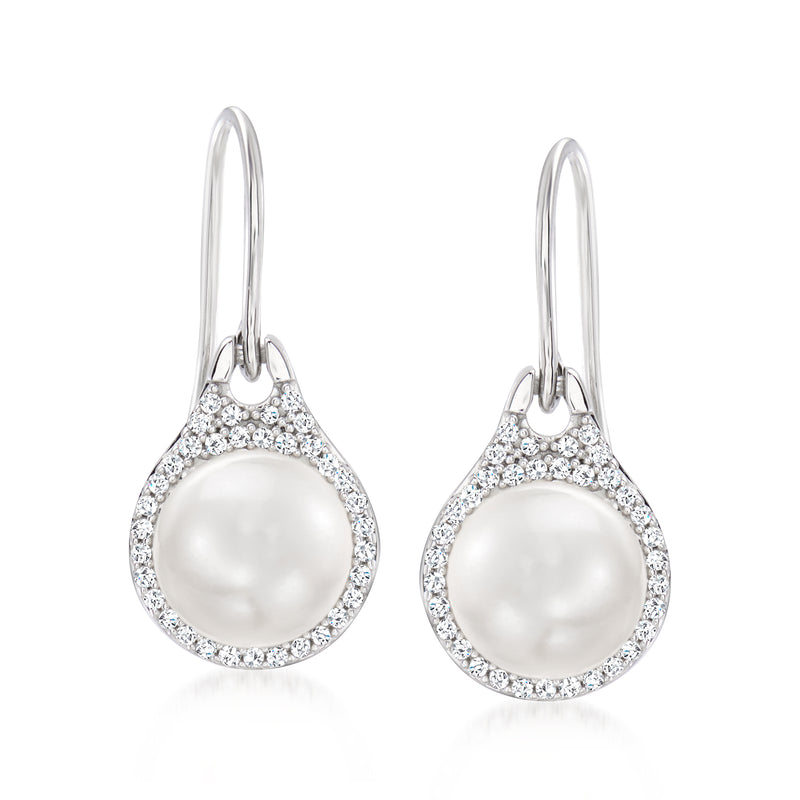 Sterling silver cultured pearl drop earrings with diamond halo and earwire hooks