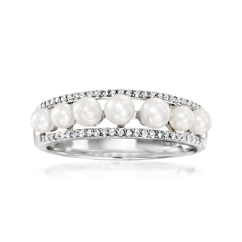 Sterling silver ring with cultured pearls and diamond-studded bands