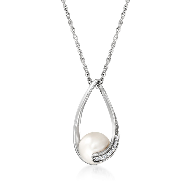 Sterling silver teardrop pendant necklace with cultured pearl and pave accents