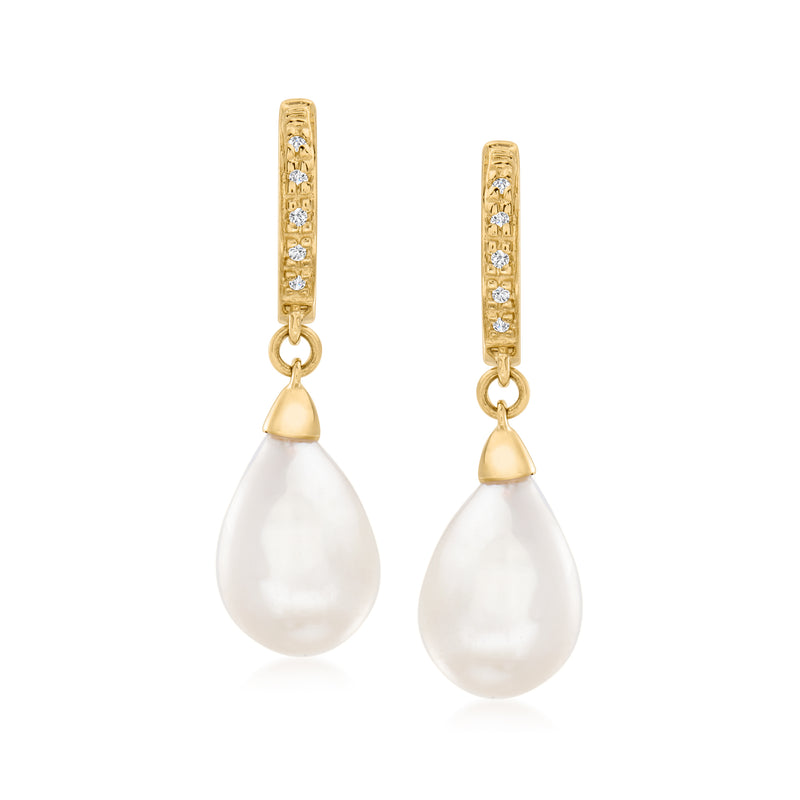 14kt yellow gold drop earrings with diamond-set top and pear-shaped cultured pearl
