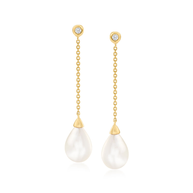 14kt yellow gold drop earrings with round diamond-accent tops and teardrop pearl drops