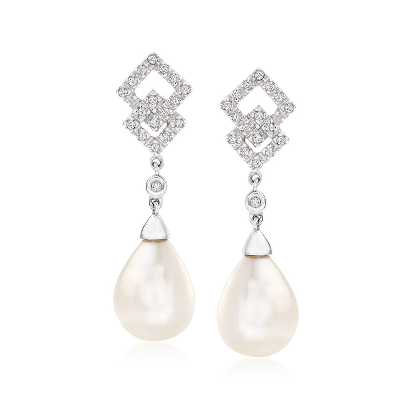 Sterling silver drop earrings with diamond square tops and teardrop cultured pearl