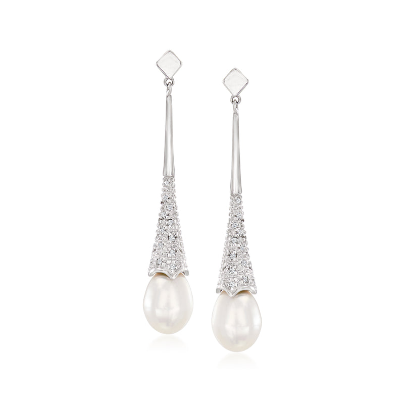 Sterling silver drop earrings with 7mm cultured pearl and diamond accents, teardrop setting