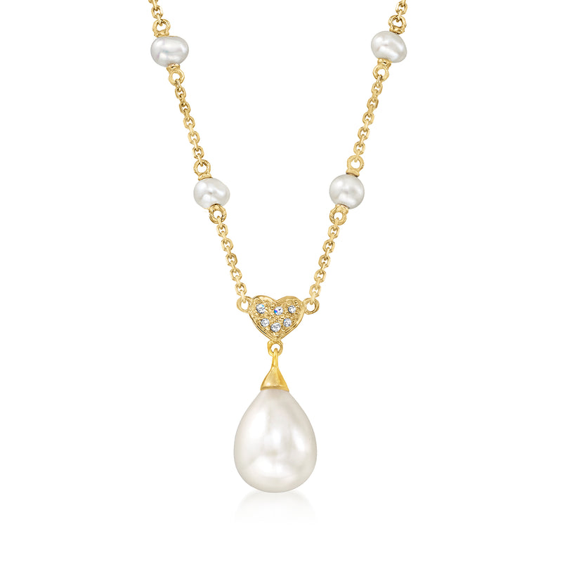 14kt yellow gold pendant necklace with cultured pearls and diamond-accented heart top