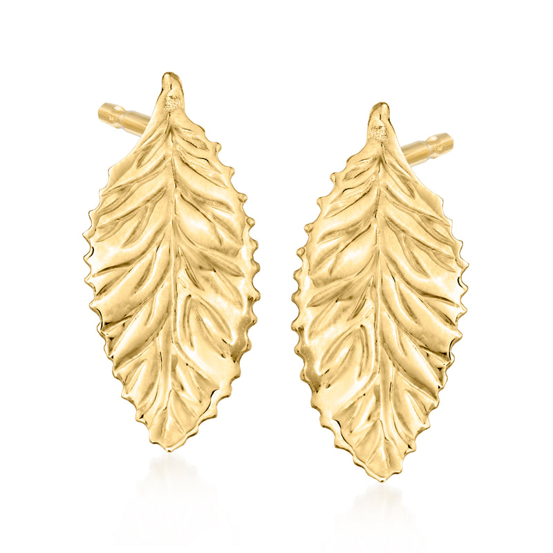 14kt yellow gold curved leaf drop earrings with textured leaf design and post backing