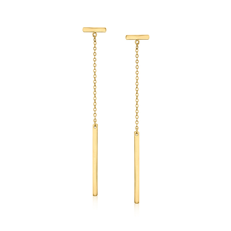 Yellow gold double-bar drop earrings with ball-chain dangles and rectangular bar drops