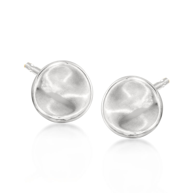 Round concave disc stud earrings in white gold, polished finish