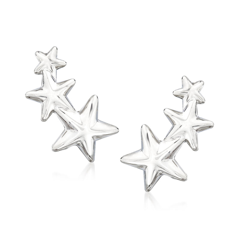 14kt white gold star ear climbers with three dangling star charms