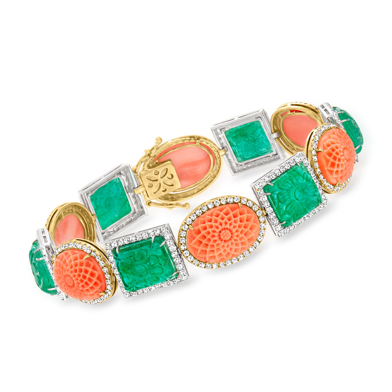 Two-tone gold bracelet with coral oval, green emerald squares, and diamond accents