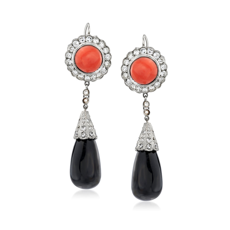 Vintage drop earrings with red coral cabochon, black onyx drops, diamond accents in platinum