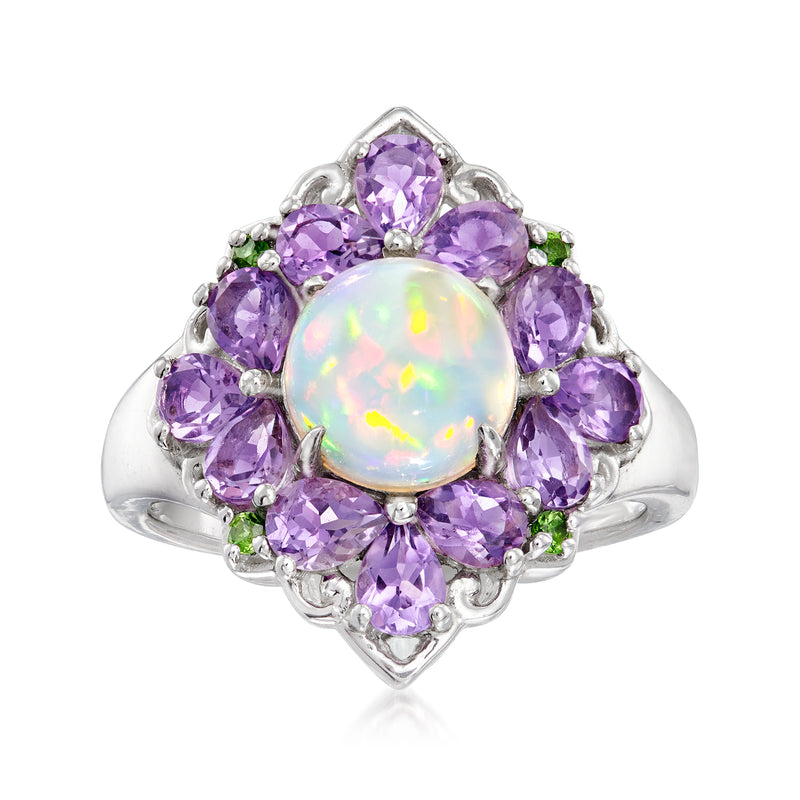 Sterling silver ring with round opal center and purple amethyst halo, prong-set