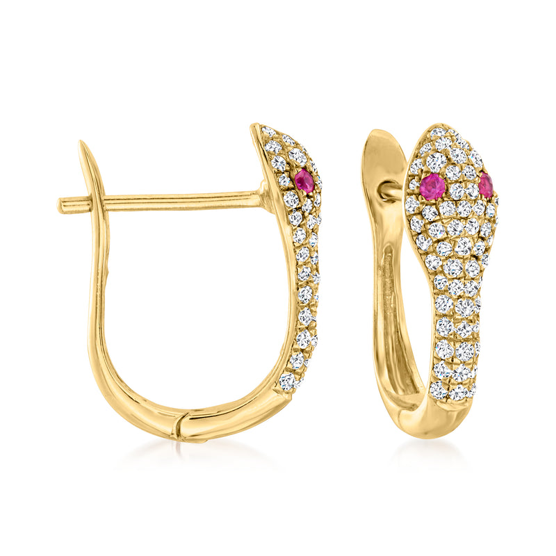 Gold snake hoop earrings with white zircon and ruby accents