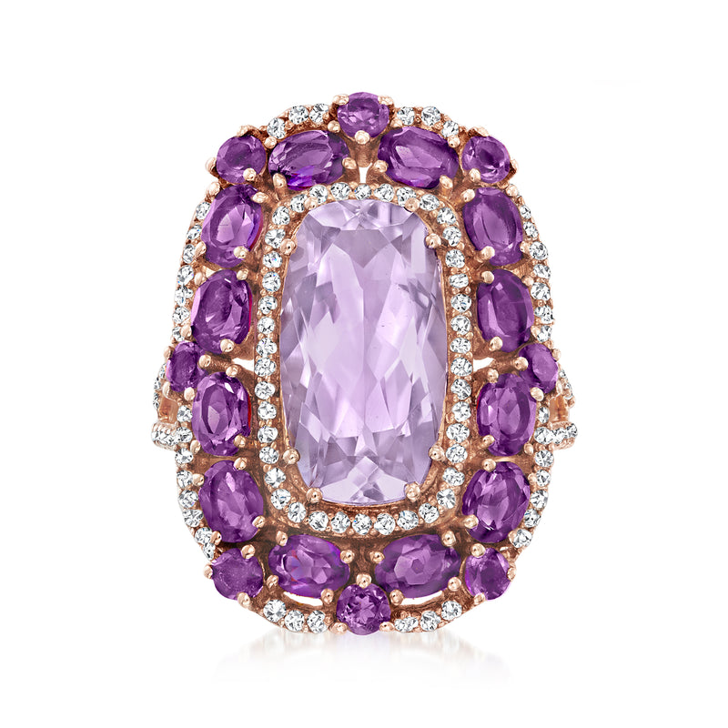 Rose gold amethyst ring with oval center stone and white topaz halo