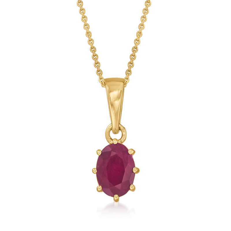 14kt yellow gold pendant necklace with oval ruby gemstone in a halo setting