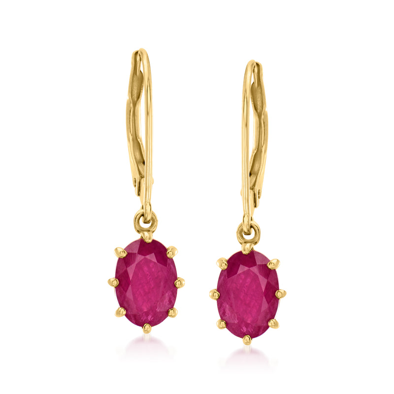 14kt yellow gold ruby drop earrings with leverback, oval faceted ruby dangle
