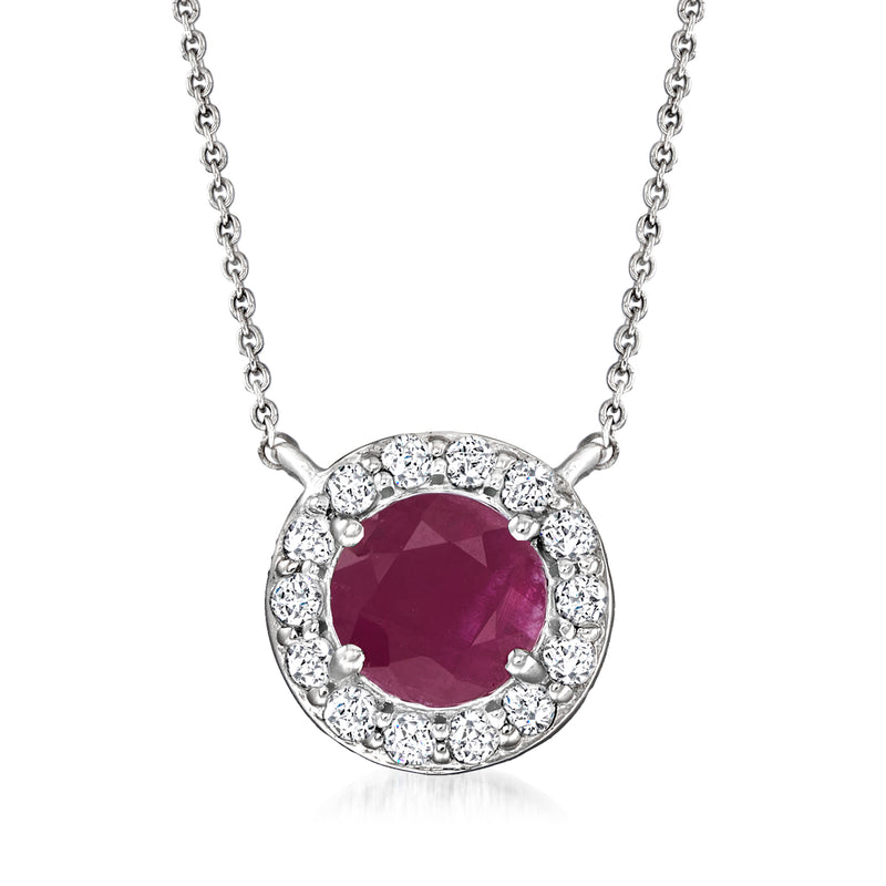 14kt white gold ruby halo pendant with round diamond accents and link chain