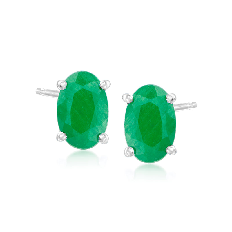 Oval emerald-green gemstone post earrings in 14kt white gold, four-prong setting