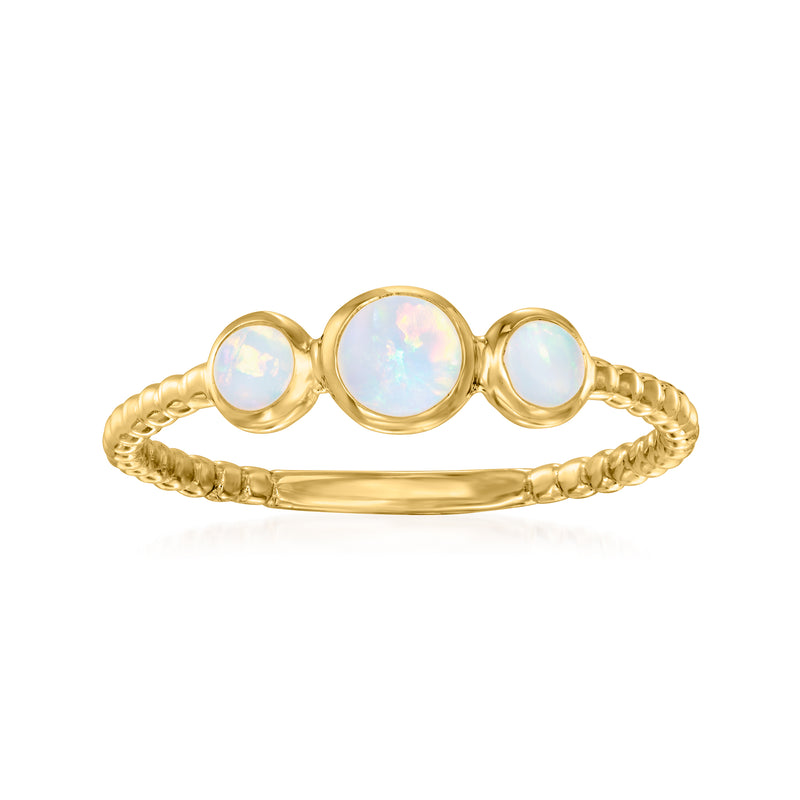 14kt yellow gold three-stone opal ring with three round-oval opals