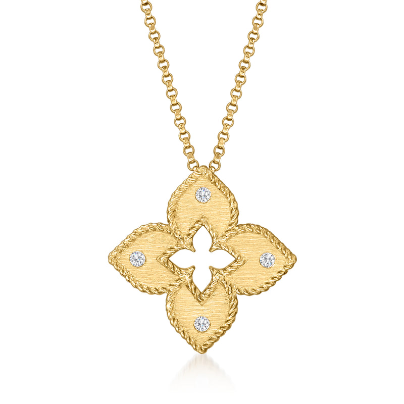 18kt yellow gold flower necklace pendant with diamond accents on link chain