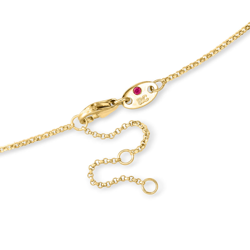 Yellow gold necklace chain with lobster clasp and red gemstone charm