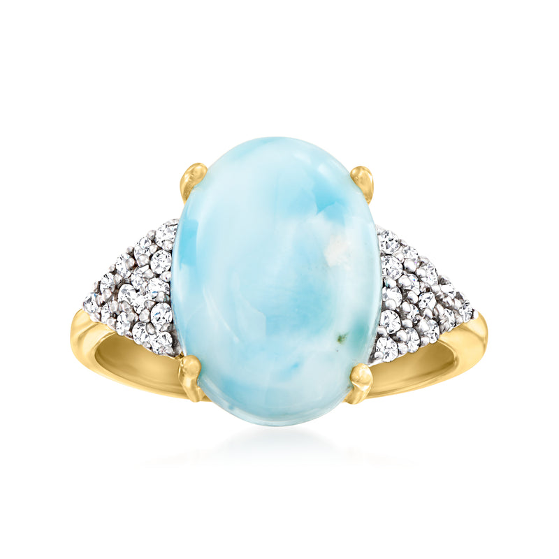 18kt gold over sterling ring with oval light-blue larimar cabochon and clear stone band