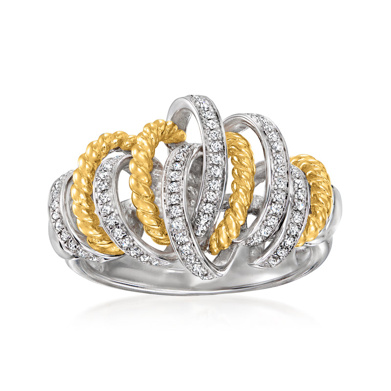 Two-tone sterling silver diamond ribbon ring with twisted gold accents
