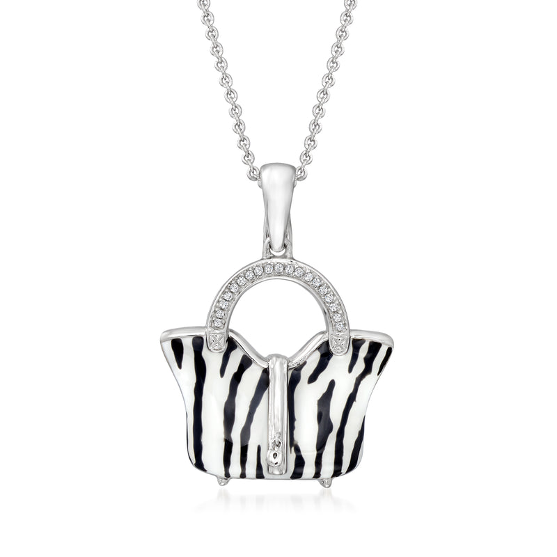 Sterling silver zebra-print purse pendant necklace with round diamond accents and chain