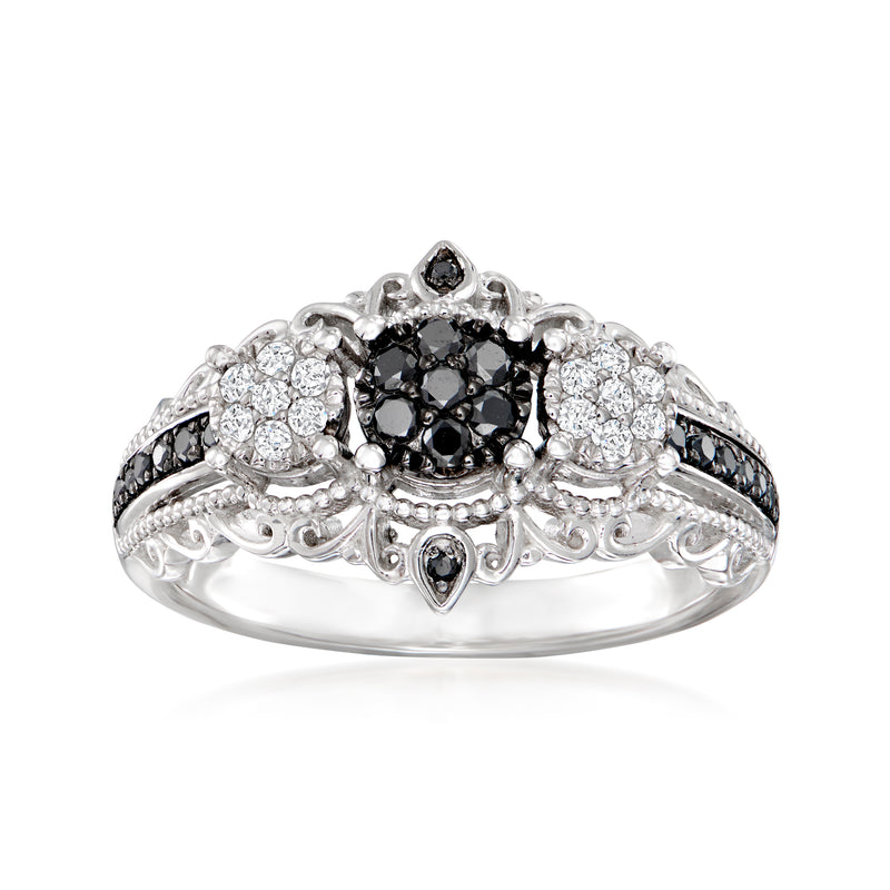 Sterling silver diamond cluster ring with black center and white halo, ornate setting