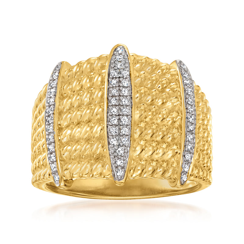 Gold over sterling diamond station ring with textured band and three oval rows of pave stones