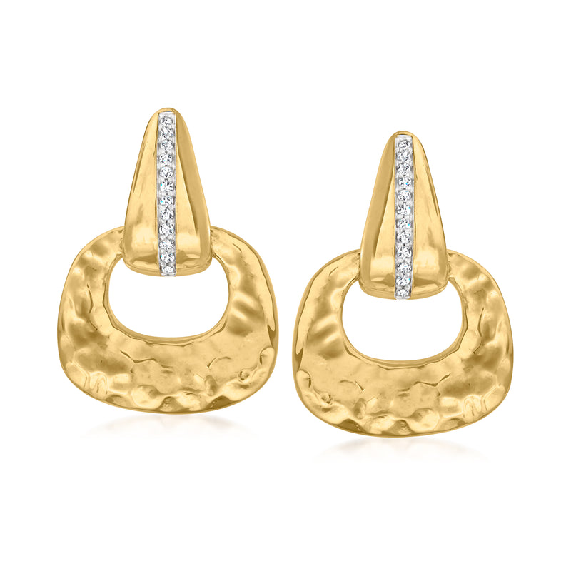 Hammered gold drop earrings with diamond bar accents