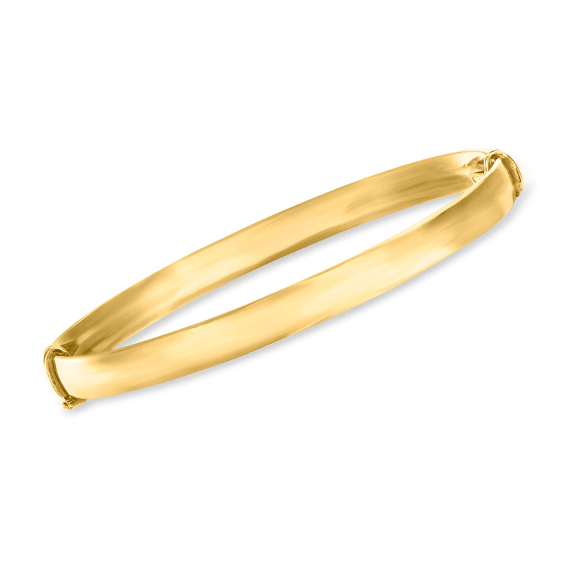 14kt yellow gold oval bangle bracelet, smooth polished band with hinged clasp