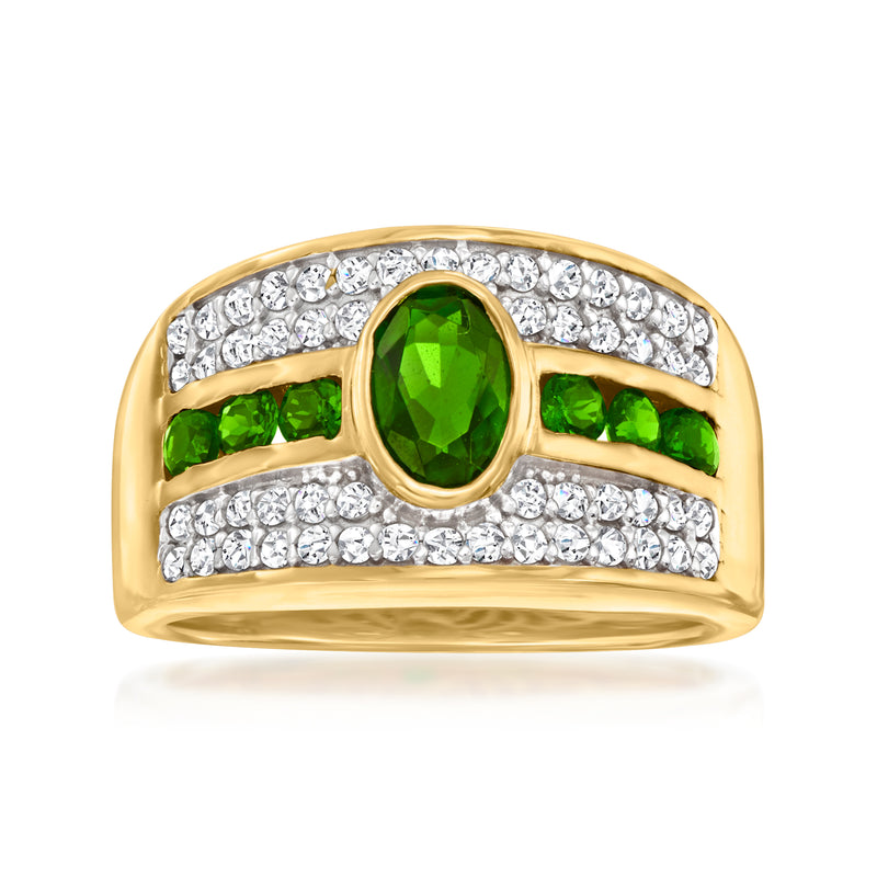 18kt gold over sterling ring with green oval center stone, white zircon pave