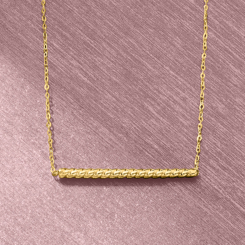 14k yellow gold twisted bar necklace, twisted bar pendant on chain
