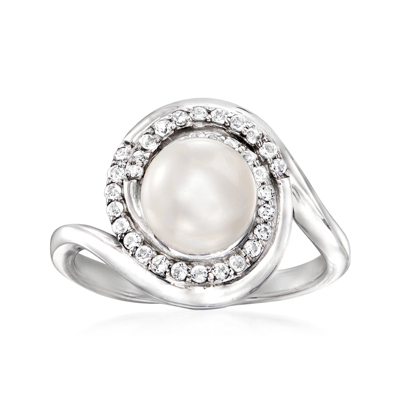 Sterling silver curve ring with round pearl center and white stone halo