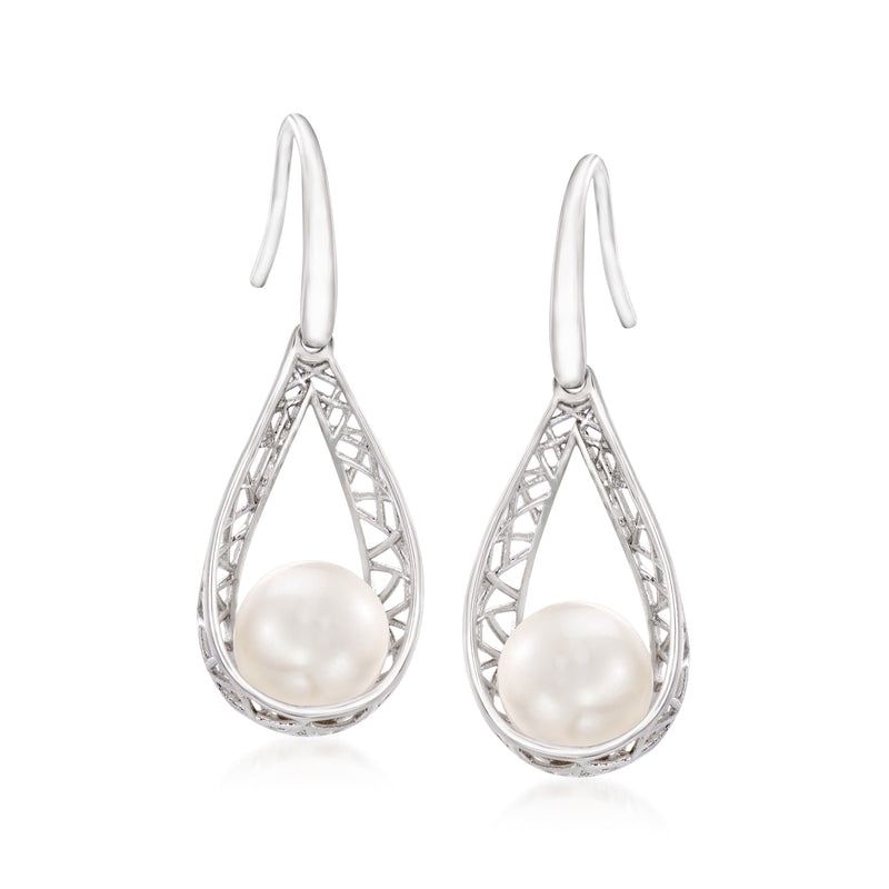 Sterling silver teardrop earrings with round cultured pearl and openwork frame