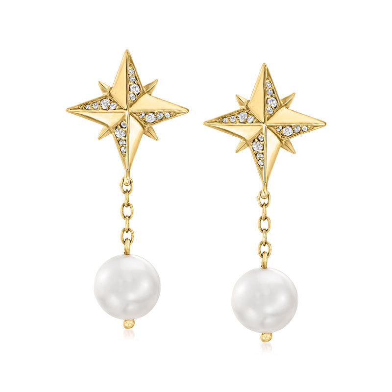 Gold star drop earrings with white cultured pearl drops and clear sparkling stones