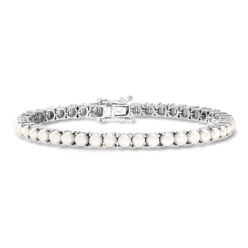 Sterling silver tennis bracelet with round white cultured pearls and small clear stones
