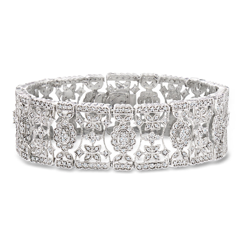 Diamond floral bracelet in sterling silver with openwork link design