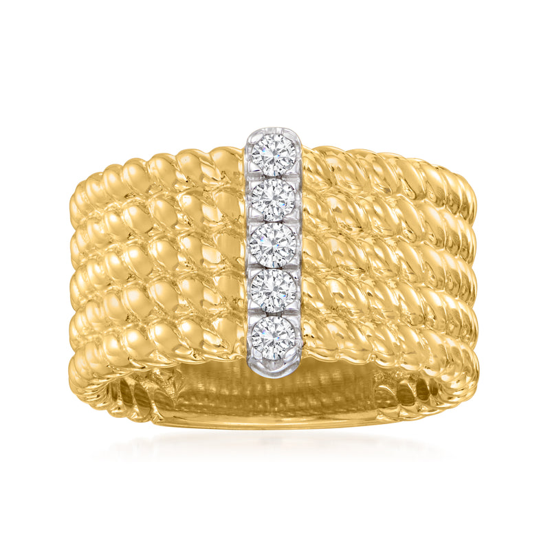 Gold diamond row ring with textured band and vertical row of clear stones