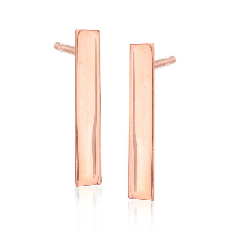 14kt rose gold bar drop earrings with polished rectangular bars and stud back posts