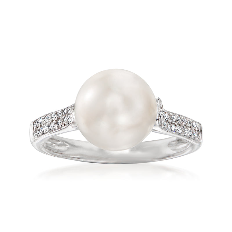 Cultured pearl and CZ ring in sterling silver, round white pearl with two pave bands