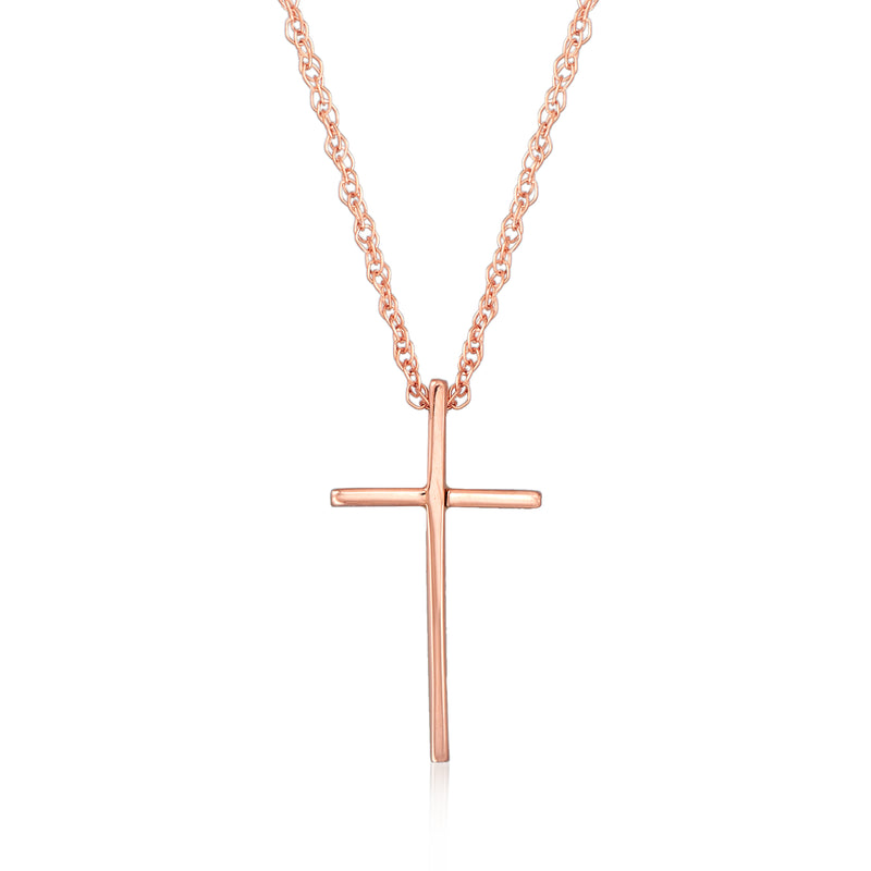 Rose gold cross pendant necklace with polished vertical cross on link chain