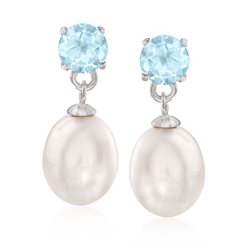 Sterling silver aquamarine and cultured pearl drop earrings with light-blue stones and white pearls