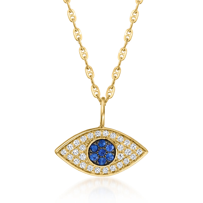 14kt yellow gold evil eye pendant necklace with sapphire blue center and diamond halo