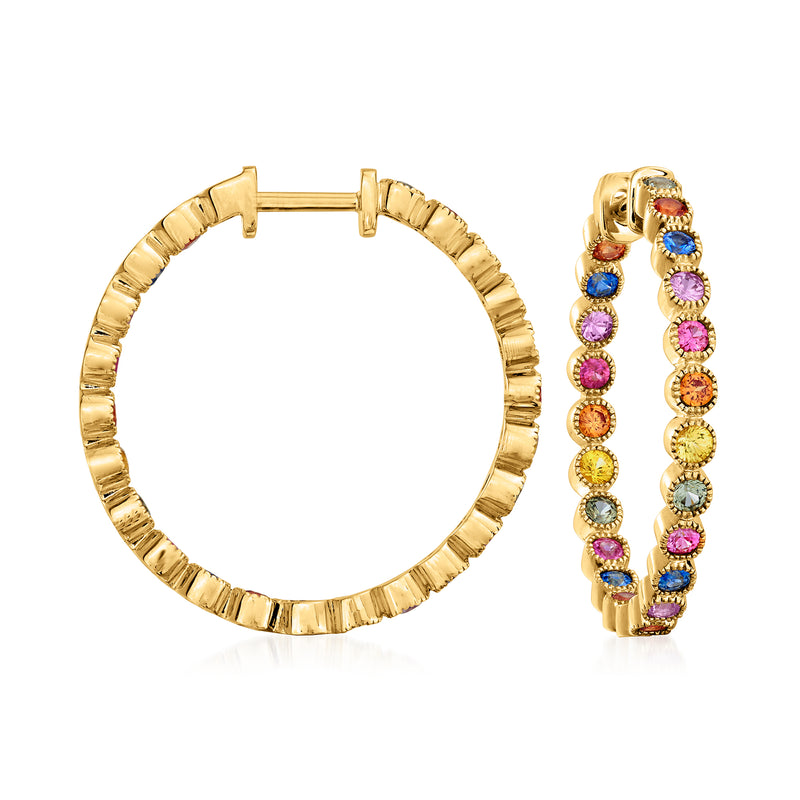 14kt yellow gold multicolor sapphire inside-out hoop earrings, round bezel stones